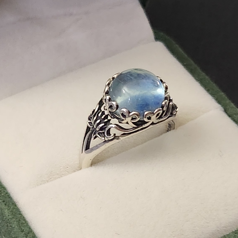 S925 Aquamarine Ring Round Stone Adjustable Band March Pisces ♓️ - Picture 3 of 5